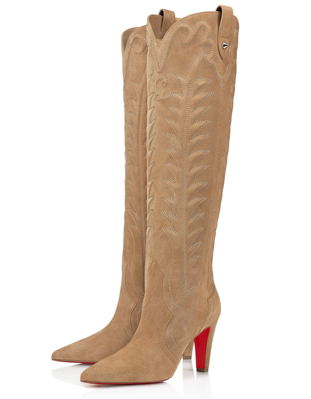 Christian Louboutin Santia Botta 85 Lionne Beige Western Knee High Heel Boot 37